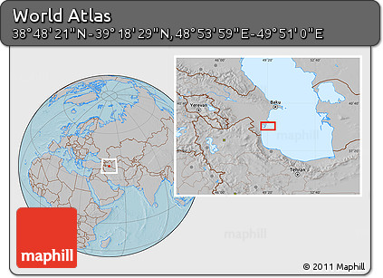 Gray Location Map of the Area around 39° 3' 25" N, 49° 22' 30" E, hill shading