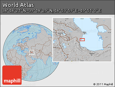 Gray Location Map of the Area around 39° 3' 25" N, 49° 22' 30" E, hill shading