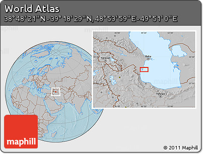 Gray Location Map of the Area around 39° 3' 25" N, 49° 22' 30" E, hill shading