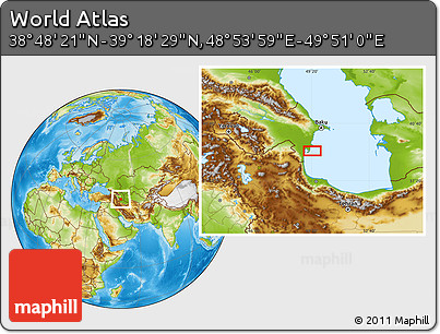 Physical Location Map of the Area around 39° 3' 25" N, 49° 22' 30" E
