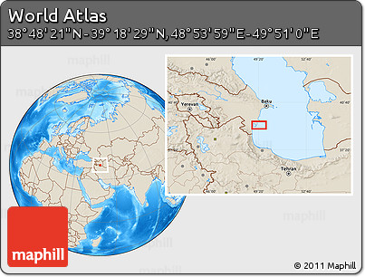 Shaded Relief Location Map of the Area around 39° 3' 25" N, 49° 22' 30" E