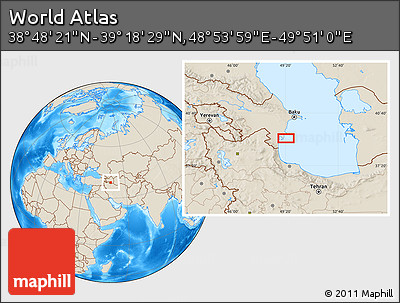 Shaded Relief Location Map of the Area around 39° 3' 25" N, 49° 22' 30" E