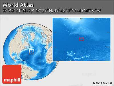 Shaded Relief Location Map of the Area around 39° 3' 25" N, 49° 13' 30" W