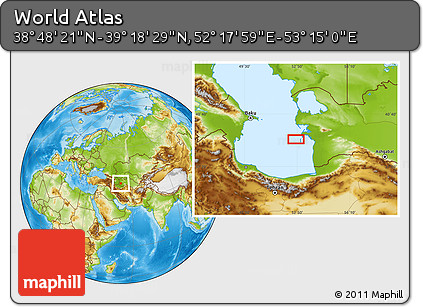 Physical Location Map of the Area around 39° 3' 25" N, 52° 46' 29" E