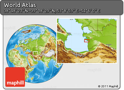 Physical Location Map of the Area around 39° 3' 25" N, 53° 37' 30" E