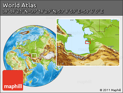 Physical Location Map of the Area around 39° 3' 25" N, 53° 37' 30" E