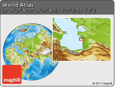 Physical Location Map of the Area around 39° 3' 25" N, 53° 37' 30" E