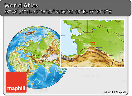 Physical Location Map of the Area around 39° 3' 25" N, 57° 1' 29" E