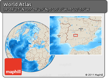 Shaded Relief Location Map of the Area around 39° 3' 25" N, 5° 1' 30" W