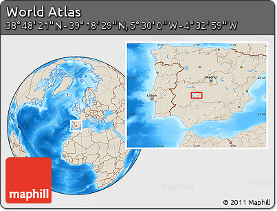 Shaded Relief Location Map of the Area around 39° 3' 25" N, 5° 1' 30" W