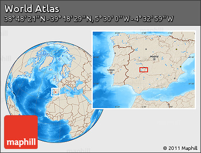 Shaded Relief Location Map of the Area around 39° 3' 25" N, 5° 1' 30" W