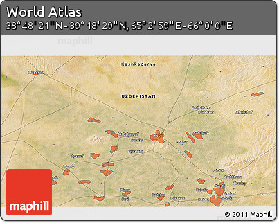 Satellite 3D Map of the Area around 39° 3' 25" N, 65° 31' 30" E