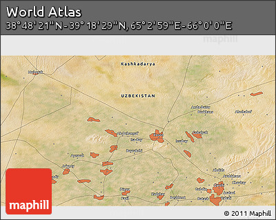 Satellite 3D Map of the Area around 39° 3' 25" N, 65° 31' 30" E
