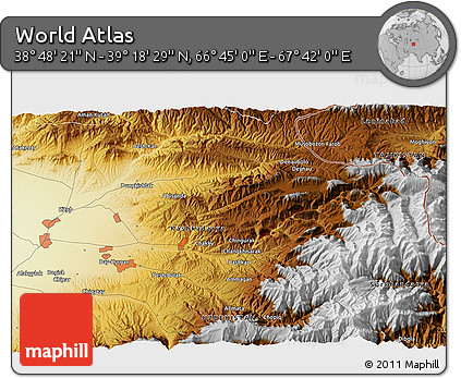 Physical 3D Map of the Area around 39° 3' 25" N, 67° 13' 29" E