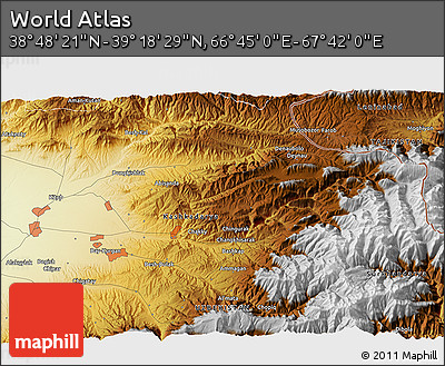 Physical 3D Map of the Area around 39° 3' 25" N, 67° 13' 29" E
