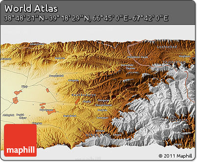Physical 3D Map of the Area around 39° 3' 25" N, 67° 13' 29" E