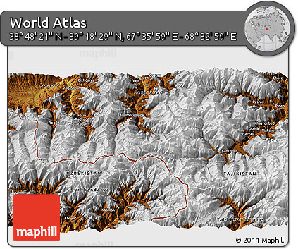 Physical 3D Map of the Area around 39° 3' 25" N, 68° 4' 29" E