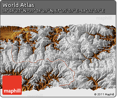 Physical 3D Map of the Area around 39° 3' 25" N, 68° 4' 29" E