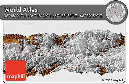Physical Panoramic Map of the Area around 39° 3' 25" N, 68° 4' 29" E