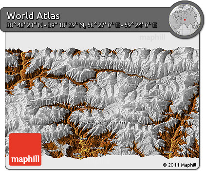 Physical 3D Map of the Area around 39° 3' 25" N, 68° 55' 30" E