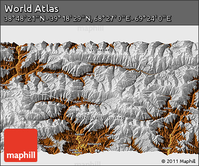 Physical 3D Map of the Area around 39° 3' 25" N, 68° 55' 30" E