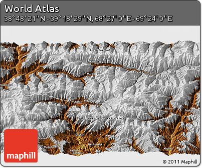 Physical 3D Map of the Area around 39° 3' 25" N, 68° 55' 30" E