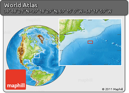 Physical Location Map of the Area around 39° 3' 25" N, 68° 46' 30" W