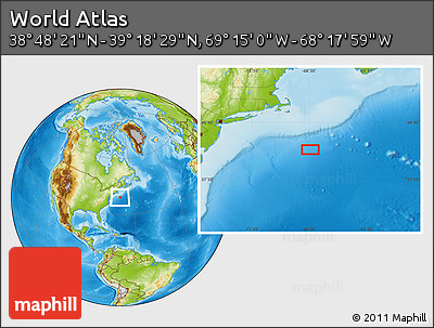 Physical Location Map of the Area around 39° 3' 25" N, 68° 46' 30" W
