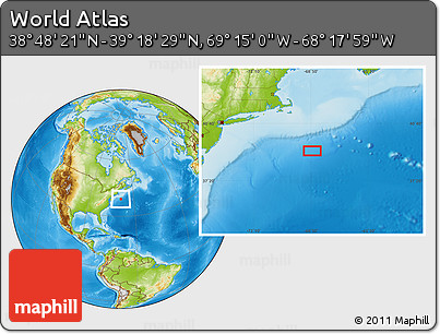 Physical Location Map of the Area around 39° 3' 25" N, 68° 46' 30" W