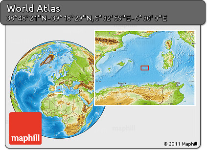 Physical Location Map of the Area around 39° 3' 25" N, 6° 1' 30" E