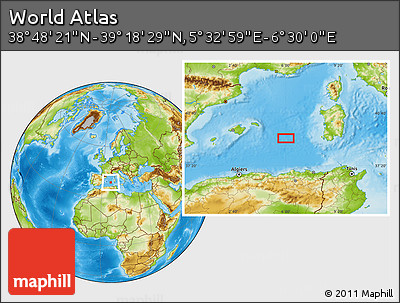 Physical Location Map of the Area around 39° 3' 25" N, 6° 1' 30" E