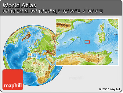 Physical Location Map of the Area around 39° 3' 25" N, 6° 1' 30" E