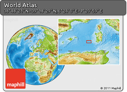 Physical Location Map of the Area around 39° 3' 25" N, 6° 52' 30" E