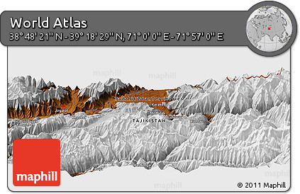 Physical Panoramic Map of the Area around 39° 3' 25" N, 71° 28' 29" E