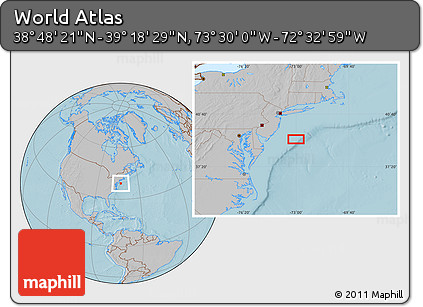 Gray Location Map of the Area around 39° 3' 25" N, 73° 1' 30" W, hill shading