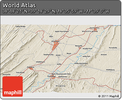 Shaded Relief 3D Map of the Area around 39° 3' 25" N, 78° 7' 30" W