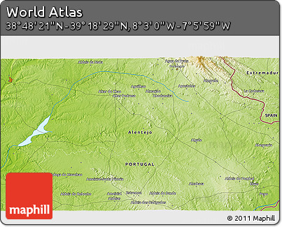Physical 3D Map of the Area around 39° 3' 25" N, 7° 34' 30" W