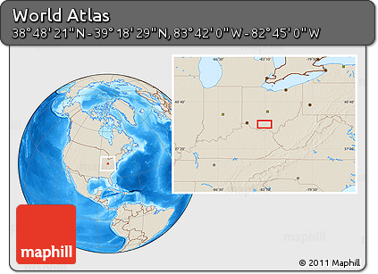 Shaded Relief Location Map of the Area around 39° 3' 25" N, 83° 13' 29" W
