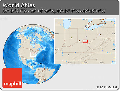 Shaded Relief Location Map of the Area around 39° 3' 25" N, 83° 13' 29" W