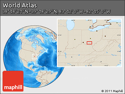 Shaded Relief Location Map of the Area around 39° 3' 25" N, 83° 13' 29" W