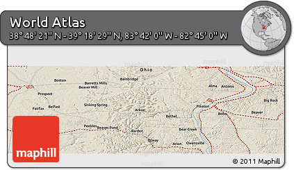 Shaded Relief Panoramic Map of the Area around 39° 3' 25" N, 83° 13' 29" W