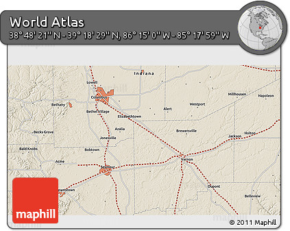 Shaded Relief 3D Map of the Area around 39° 3' 25" N, 85° 46' 30" W