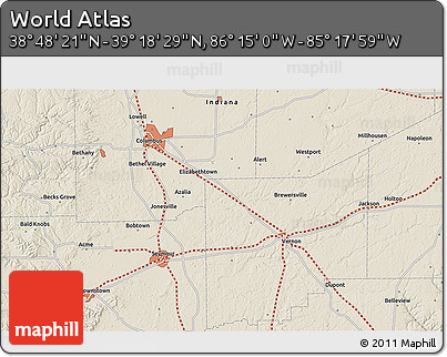 Shaded Relief 3D Map of the Area around 39° 3' 25" N, 85° 46' 30" W
