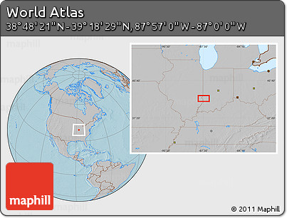 Gray Location Map of the Area around 39° 3' 25" N, 87° 28' 29" W, hill shading