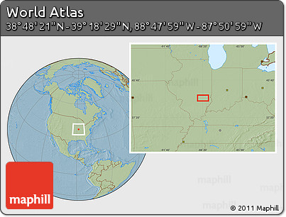 Savanna Style Location Map of the Area around 39° 3' 25" N, 88° 19' 29" W, hill shading