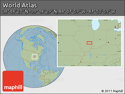 Savanna Style Location Map of the Area around 39° 3' 25" N, 88° 19' 29" W, hill shading