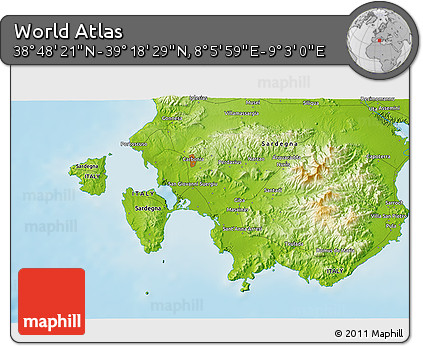 Physical 3D Map of the Area around 39° 3' 25" N, 8° 34' 29" E