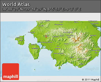 Physical 3D Map of the Area around 39° 3' 25" N, 8° 34' 29" E
