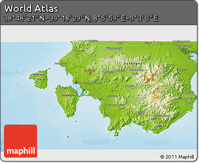 Physical 3D Map of the Area around 39° 3' 25" N, 8° 34' 29" E