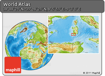 Physical Location Map of the Area around 39° 3' 25" N, 8° 34' 29" E
